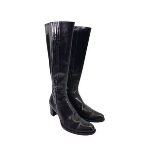 LM Women's 37.5 M Siamo Black Leather Almond Toe Riding Boots Booties 2.5" Heel